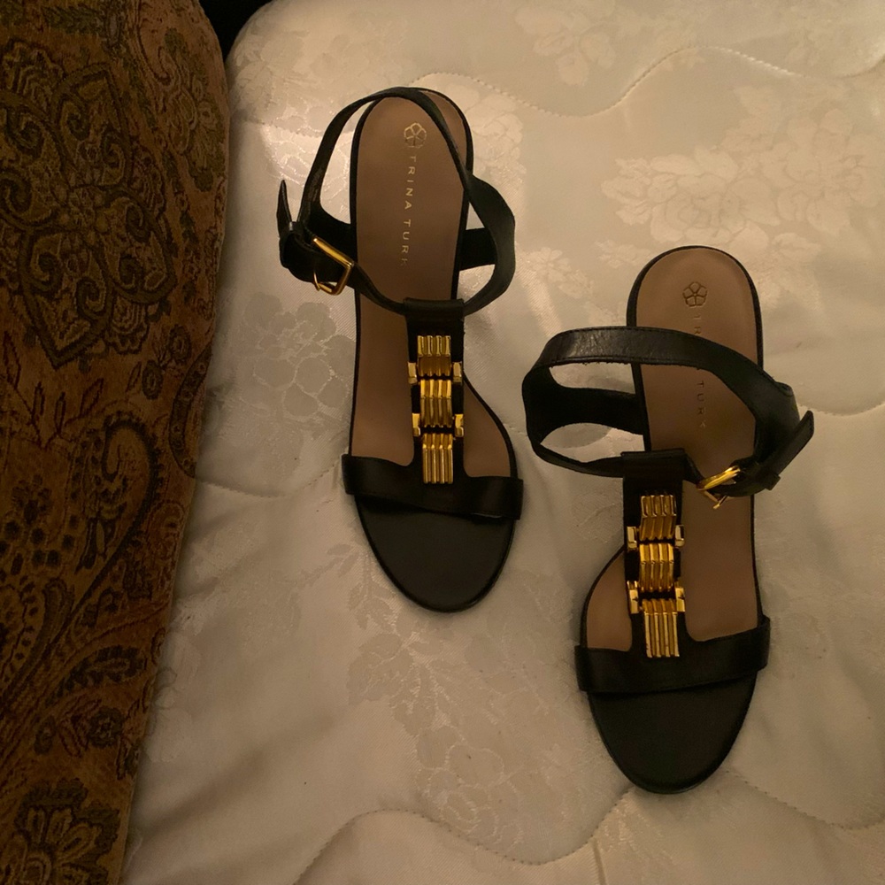 Trina Turk, leather upper, leather sole, blackheeled, sandals with gold accents